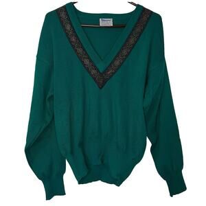 Meister Sweater Women Med Teal Vintage 1980s Wool Blend Ski Holiday V Neck Knit